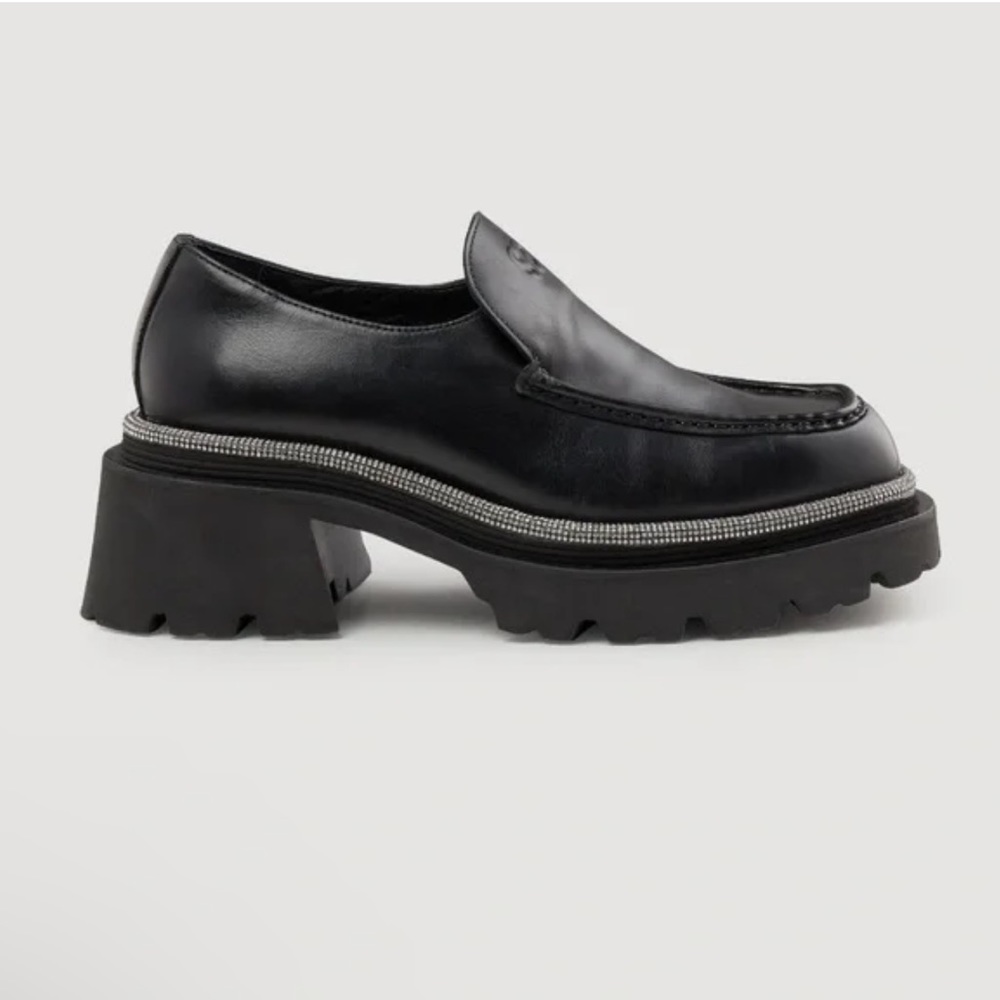 Sandro Black Leather Chunky Loafers with Rhinestone Trim
